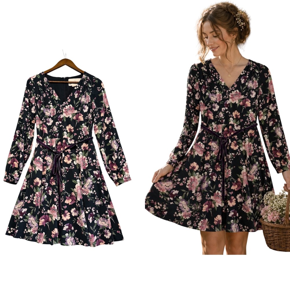 Gal Meets Glam Dress Women 8 Floral Feminine Cottagecore‎ Belt Romantic Pockets